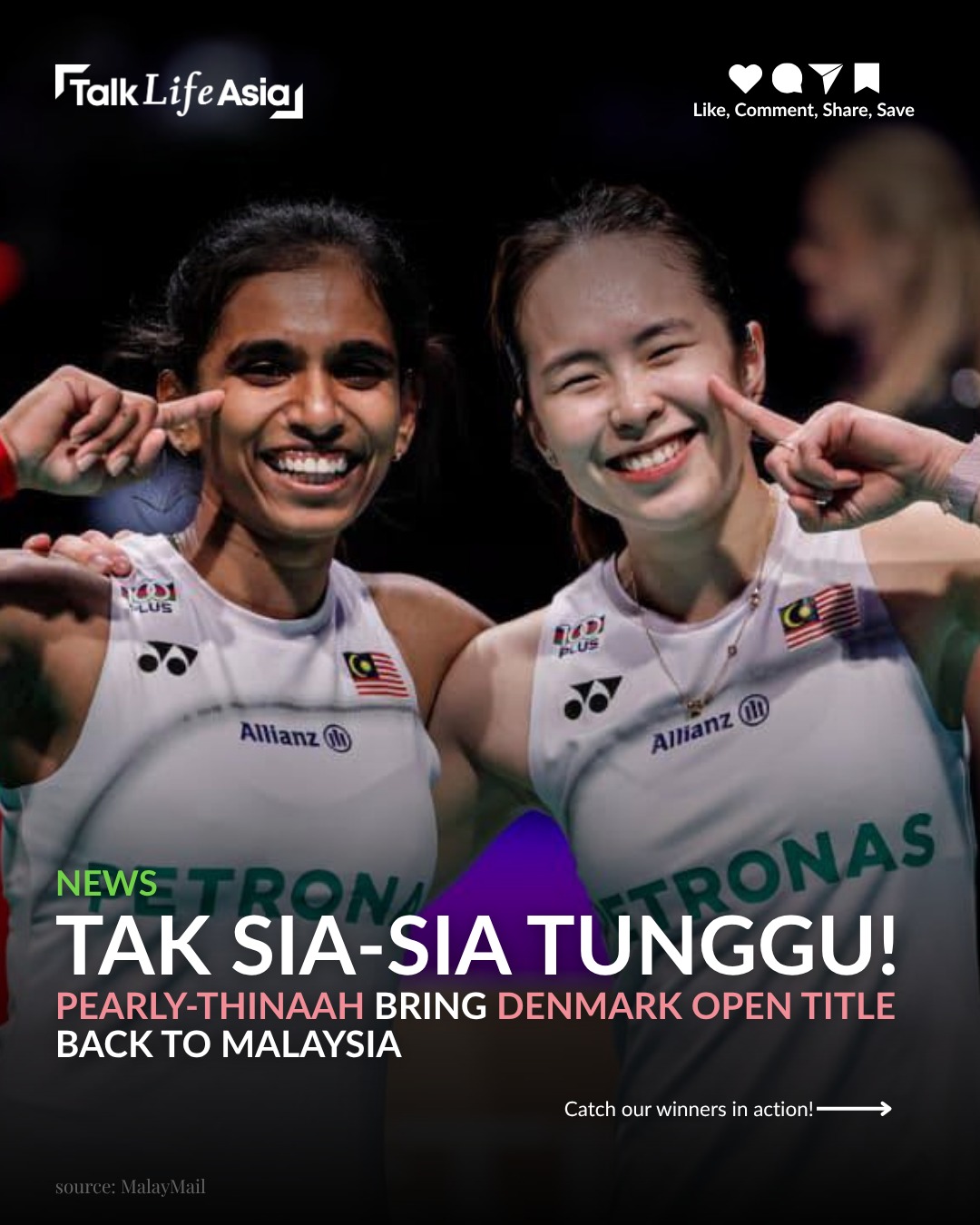 Malaysia Boleh! Pearly-Thinaah have done it! The Malaysian duo powered past Japan to lift the Denmar