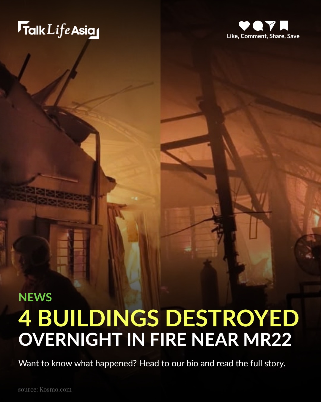 A midnight fire near MRR2 has destroyed a recycling factory and three houses in Cheras Baru. About 8