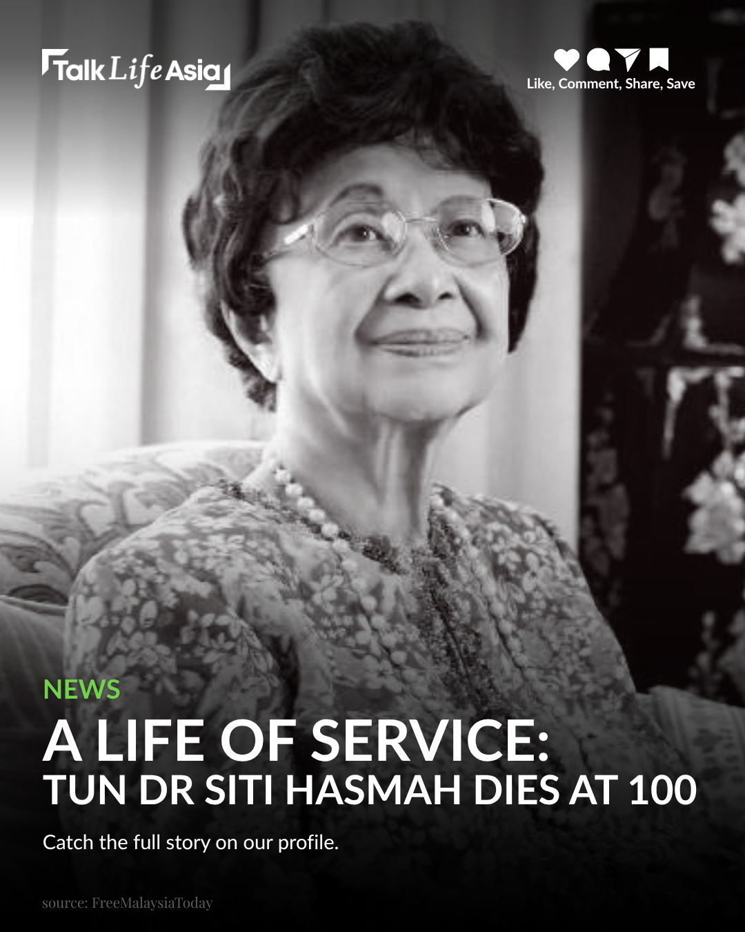 Tun Dr Siti Hasmah Mohd Ali, wife of former prime minister Tun Dr Mahathir Mohamad, has passed away 