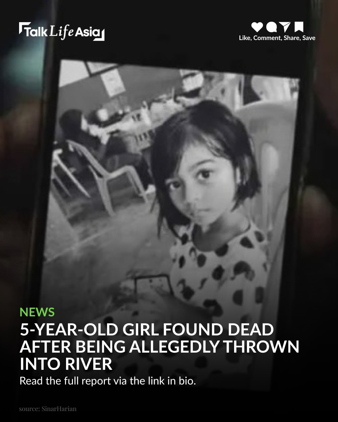 A five-year-old girl has died after she was allegedly thrown into a river in Tanjung Sedili, Kota Ti